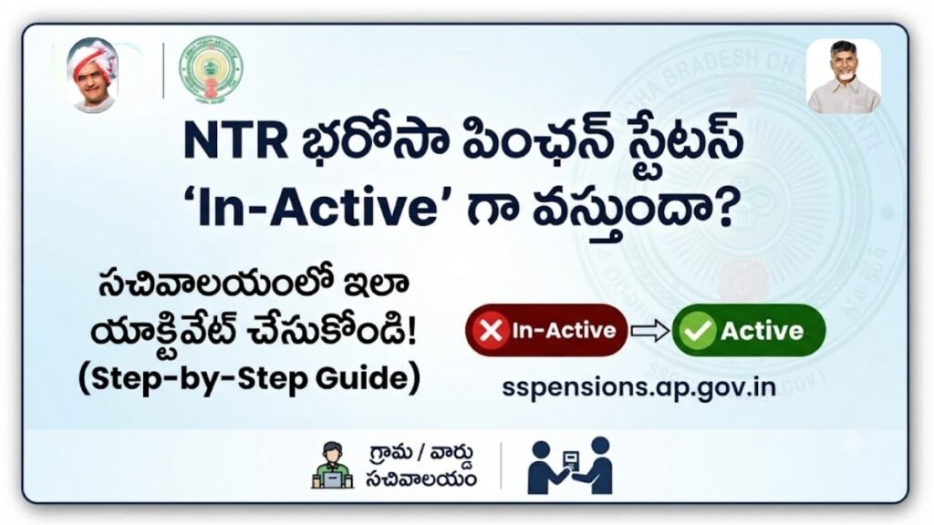 NTR Bharosa Pension Status In-Active అని వస్తోందా? సచివాలయంలో ఇలా యాక్టివేట్ చేసుకోండి! Official guide graphic for activating an In-Active NTR Bharosa Pension status, showing the steps to visit the village/ward secretariat and the official sspensions.ap.gov.in portal.