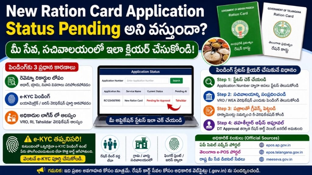 New Ration Card Application Status Pending అని వస్తోందా? మీ సేవ, సచివాలయంలో ఇలా క్లియర్ చేసుకోండి! New Ration Card Application Status 2026 showing Pending at Tehsildar, VRO Verification, MeeSeva and Sachivalayam process to clear ration card application in Andhra Pradesh and Telangana.
